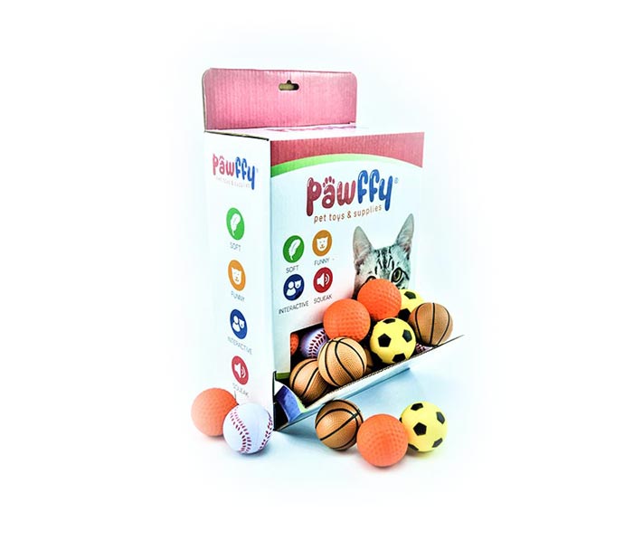 JUG GATO SUNNY PAWFFY CAJA CON 48 PELOTITAS DEPORTIVAS DE HULE