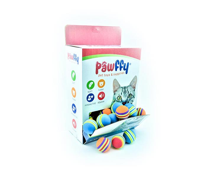 JUG GATO SUNNY PAWFFY CAJA CON 60 PELOTITAS DE HULE MULTICOLOR RAYADAS